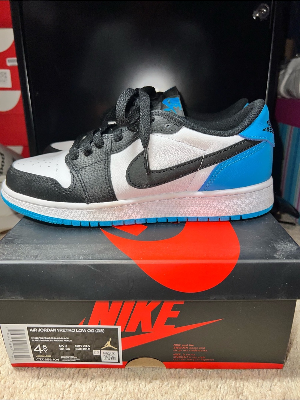 Air Jordan Retro Low Kids Sneakers - White/Black/Dark Powder Blue 4.5